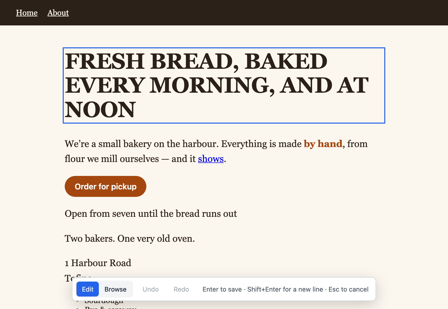 A headline being edited in place, with the Editdesk toolbar at the bottom of the page
