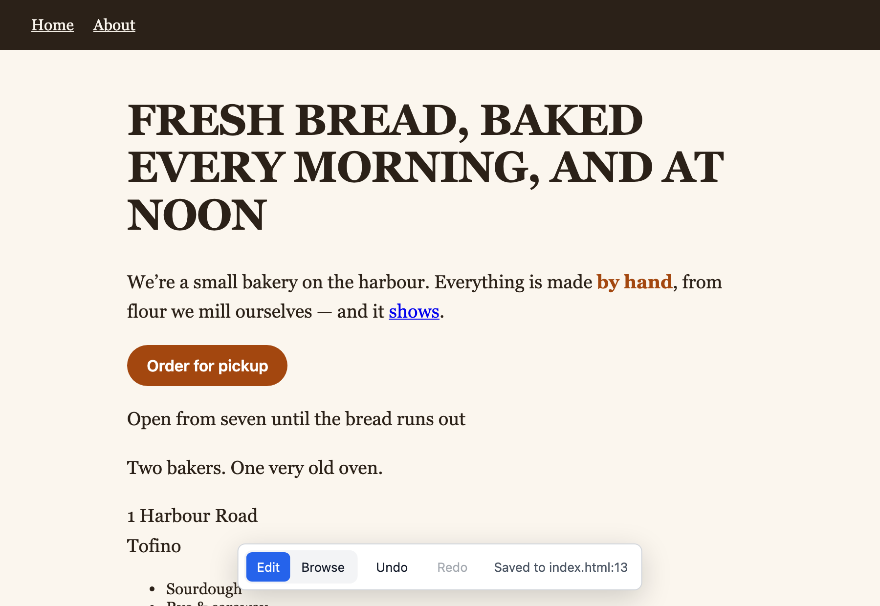 The toolbar showing the file and line an edit was saved to